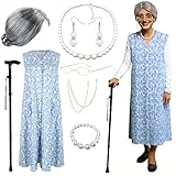 CHMMY Disfraz de Abuela para Carnaval - Con Peluca de abuela, Vestido de Flores Azules, Gafas Retro Doradas, Bastón Plegable y Joyas de Perlas (XL)