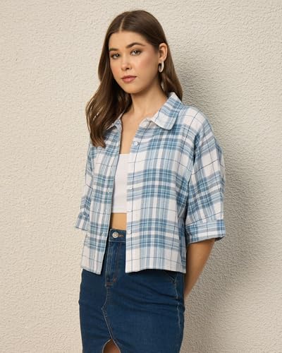 Image of Chimpaaanzee Women Checks Half Sleeve Crop Shirt
