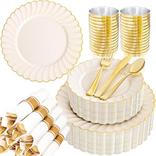 YOUBET 350PCS Ivory Scalloped Plastic Plates - Ivory and Gold Disposable Dinnerware Set Include 100 Plates 150 Gold Silverware 50 Cups 50 Napkins for Wedding & Party