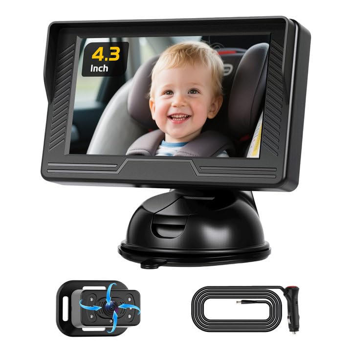 4.3 Pulgadas IPS Cableado Cámara Bebé Coche para SUVs PKWs Transporter | HD Monitor Bebé Coche con Visión Nocturna Giratorio a 360° Gran Angular Montaje Rápido para La Observación de Niños Mascotas