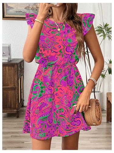 Image of SOLY HUX Women's Boho Print Tie Back Mini Dress Ruffle Cap Sleeve Crew Neck Vacation Dresses