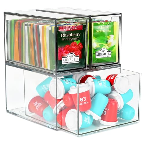 3 Tea and Coffee Organizer and Storage, Acrylic Tea Bag Holder Organizer, Plastic K Cup Drawer Container for Cabinet