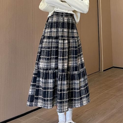 Women's Winter Warm Wool Skirts Plaid High Waist A-Line Drape Pleated Tiered Casual Maxi Skirts with Pockets3