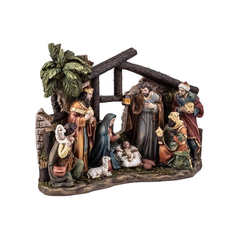 Misterio de 1 Pieza Nacimiento Clasico con Reyes y Pastor con Oveja de Resina Pintado a Mano 23x8x17 cm