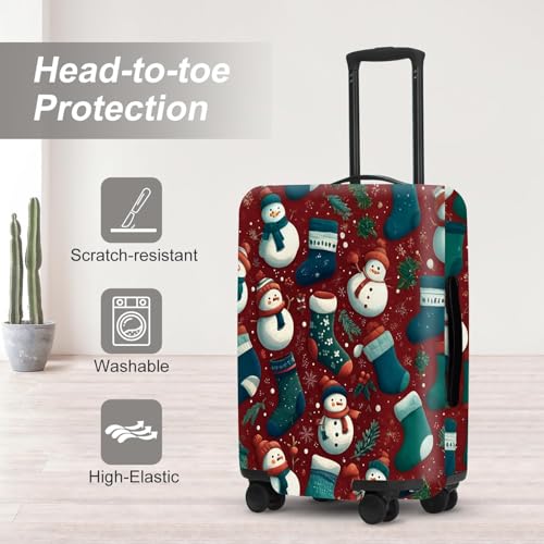 Image of Luggage Cover - Allover Green Socks and White Snowmen Pattern on Dark Background, Stretchable Suitcase Protector for 24 26 Inch Travel Bags