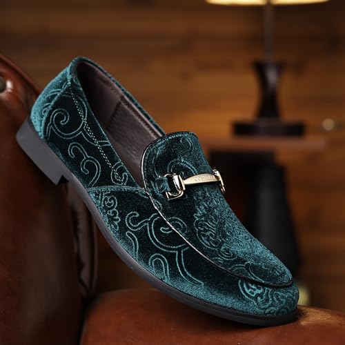 COSIDRAM Men's Velvet Penny Loafers Luxury Vintage Jacquard Pattern Classic Gold Buckle Party Prom Dress Shoes4