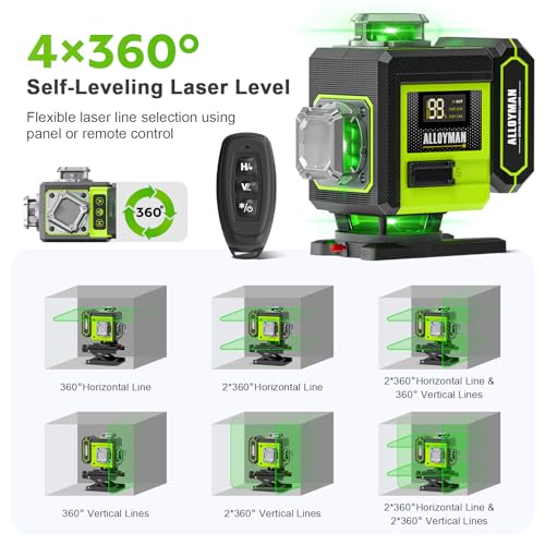 Image of Alloyman Laser Level with Tripod, 4 x 360 Self Leveling Laser Level, Nivel Laser Green Line Lazer Leveler Tool for Picture Hanging, Home Renovation, Indoor Project, 2*Battery&Carrying Bag Included