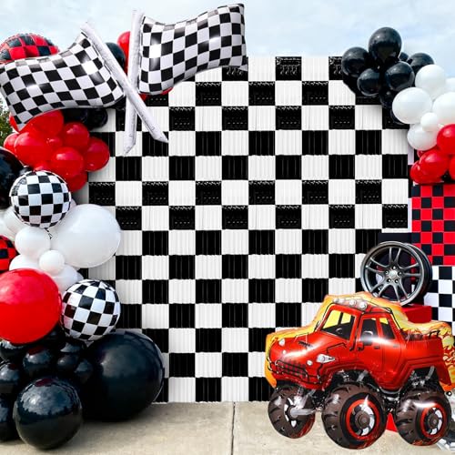 Image of 2 Packs Race Car Foil Fringe Curtain, Black White Checkered Glitter Metallic Tinsel Backdrop for Birthday, Baby Shower, Racing Car Truck One Happy Dude Party Decorations Supplies
