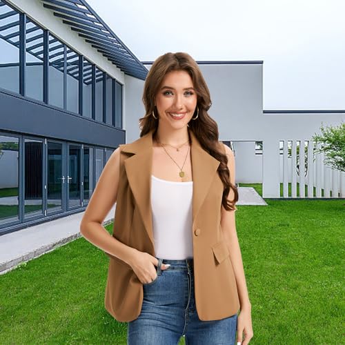 Women's Sleeveless Blazer Vest Lightweight Fully Lined Single Button Fashion Casual Summer Work Office Jacket with Pockets3