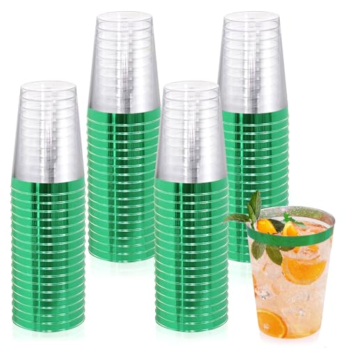 mauepersu 50 Stück Plastikbecher mit Golden, 280ml Becher aus Kunststoff Wiederverwendbare Trinkbecher Elegante Party Weingläser für Champagner Bier Cocktail Martini Soda Dessert (Grün)