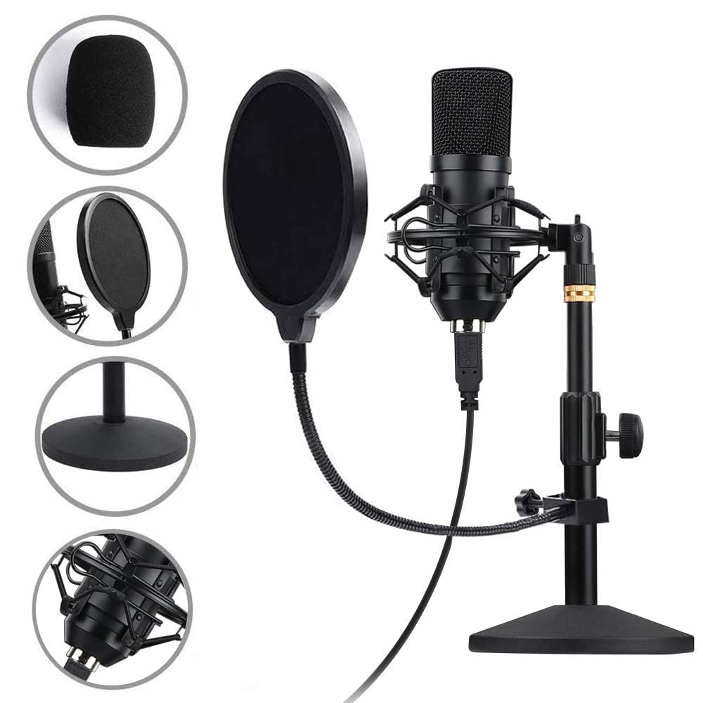 CEZO Kit de grabación de micrófono de condensador USB con soporte de escritorio, funda de aluminio y filtro pop, micrófono de condensador para YouTube, podcast, juegos, micrófono Plug & Play de