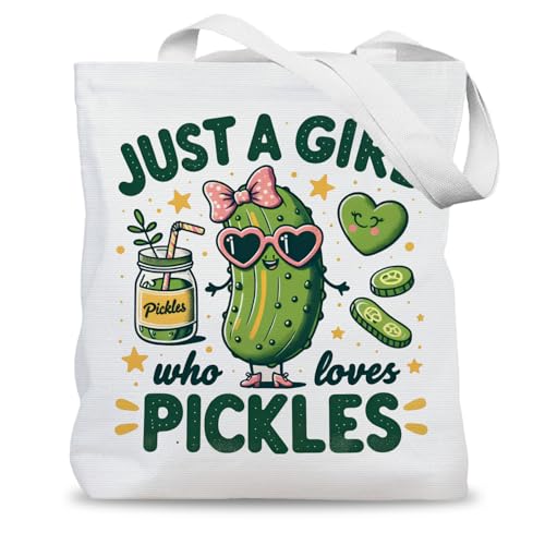 Funny Pickle Tote Bag, Pickle Lover Gifts Canvas Tote Bags for Women, Just a Girl Who Loves Pickles Reusable Grocery Shopping Bags