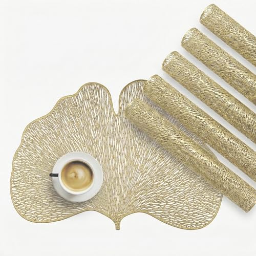 Image of Kuber Industries Leather Table Mats Set of 6 | Washable Placemat /Dining Table Mat for Wedding and Family Functions | Butterfly Design - Golden