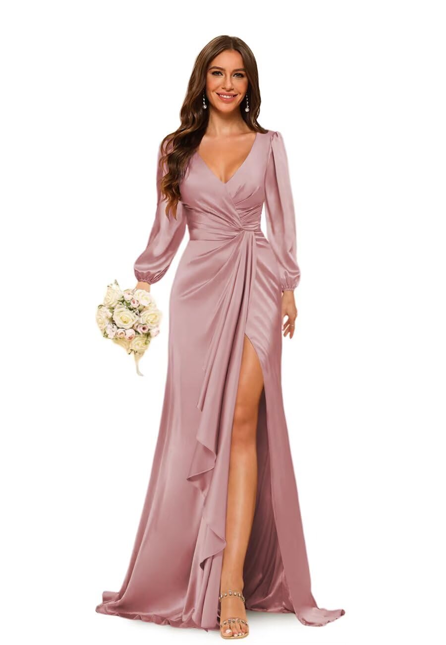 PUXIU Women's Satin Bridesmaid Dresses with Slit 2026 Long Evening Maxi Dress PUS033