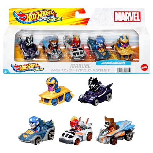 Hot Wheels RacerVerse, Coffret de 5 voitures en métal Marvel optimisées pour les circuits Hot Wheels , pilotées par de célèbres personnages Marvel, cadeau pour...