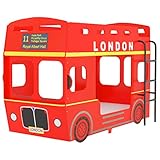 vidaXL Litera London Bus Cama Alta Estructura Infantil Juvenil Niños Adultos Doble Muebles Coche Autobús Dormitorio Hogar Rojo MDF 90x200 cm