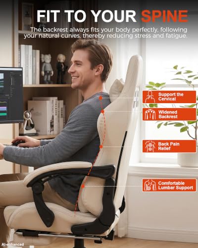 Image of Gaming Chair with Massage and Footrest, Big and Tall Ergonomic High Back PU Leather Computer Office Chair for Heavy Adults, Supports 350LBS, Ivory