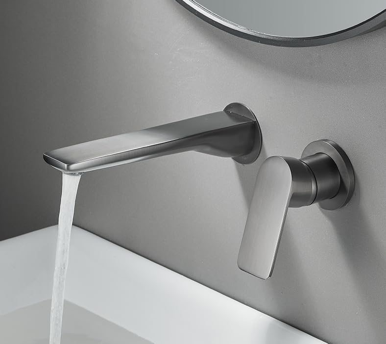 Robinet de lavabo mural gris encastrable mitigeur suspendu eau chaude froide