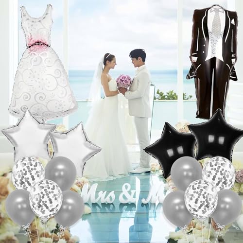 Image of Rozi Decoration Bride Dress Foil Balloon Set, Silver, Wedding Party Decorations, 8 Pieces, Star and Confetti Balloons