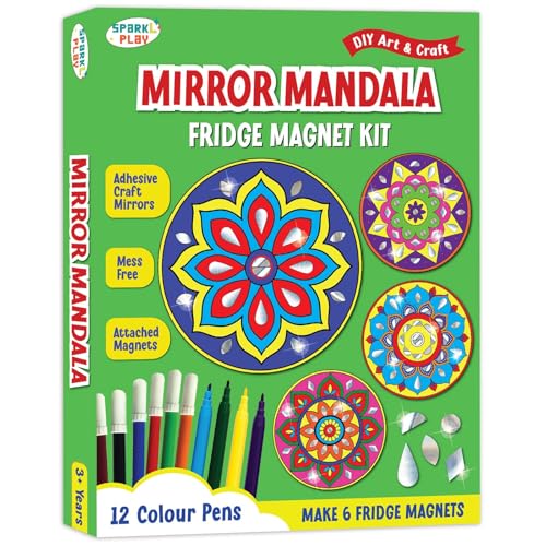 Image of SparkLPlay DIY Mirror Mandala Art Kit for Kids. Coloring Set with - 6 Magnetic Cutouts,12 Color Pens & 100+ Mirror Stickers. Creative Art & Craft. Mess Free. Gifts for Kids.