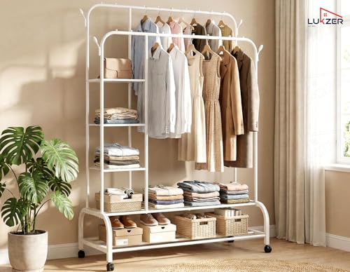 Image of Lukzer Metal Garment Stand with 6 Shelves & Double Rods, Heavy-Duty Clothing Rack with Side Hooks & Wheels, Multi-Functional Storage Organizer for Bedroom, Laundry & Entryway - (MGS-008 /White)