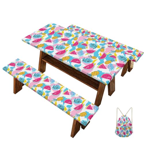 PJHEQOXE Watermelon Pineapple Park Picnic Table Cover With Bench Covers Lightweight Camping Essentials, Waterproof And Breathable 4Pcs Tablecloth With Elastic, Fitted For Table 6Ft Rectangle And Seats -  01 (83)A-CZ84+Z3-17