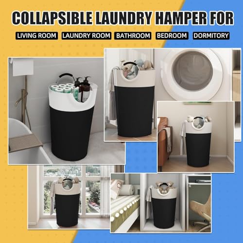 Image of 90L Large Laundry Basket, Collapsible Laundry Bag, Freestanding Tall Clothes Hamper, Foldable Washing Bin (Black & Beige)