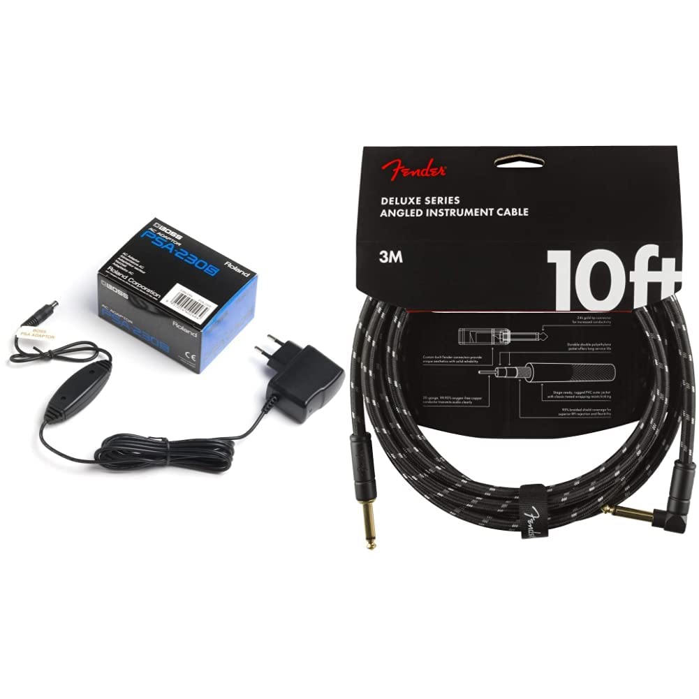 Alimentation PSA-230S BOSS, Un Adaptateur Secteur & Fender 0990820090 Câble pour Instrument de Série Deluxe, Droit/Angle, 10 pi, Tweed Noir