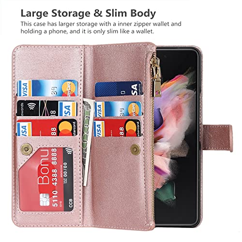 iCoverCase for Samsung Galaxy Z Fold 3 5G Wallet Case with Card Holder, PU Leather Case with S Pen Holder Adjustable Crossbody Lanyard Magnetic Clasp Zipper Pocket Flip Cover (Rose Gold)