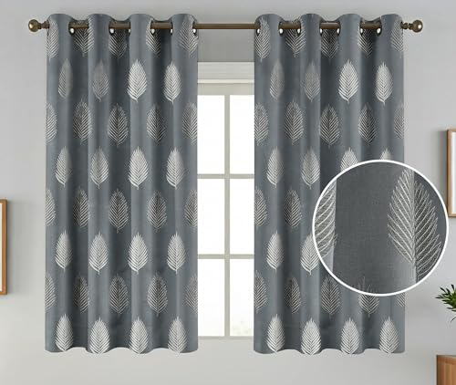 Image of FRESH FROM LOOM Premium Anti-Wrinkle Curtains | 5 Feet | 80% Sun Block | Elegant Jacquard Fabric for Doors & Windows, Luxury Curtain (5ft, Grey Leaf, 2pc Set)