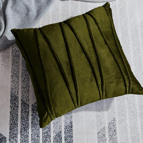 Image of Khooti Velvet Striped Cushion Cover Pack of 1-24 inchX24 inch /61X61 Cm | Mehandi | Soft Pillow Covers Cushion Case for Sofa Bedroom Living Room Chair Car, Cushion Cover with Zig Zag Pattern