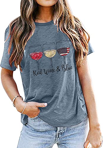 Women 4th of July T Shirt Red White Blue Wine Glasses Graphic Tee Top USA Flag Tee for Independent Day (Blue, Large, l)