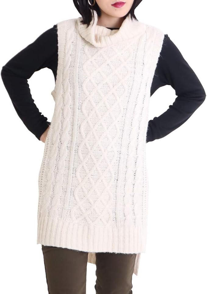 Amazon Co Jp ニットワンピース タートルネック ベスト ノースリーブ ケーブル編み 重ね着 アイボリー グレー ブラック セーター ハイネック スタンドネック スタンドカラー 服 ファッション小物