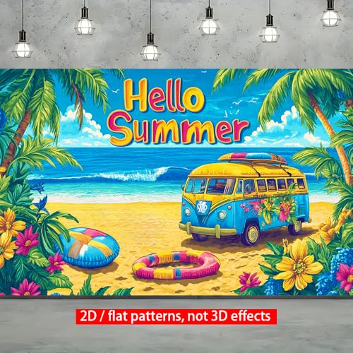 Image of 71x43 Inch Hello Summer Banner Beach Retro Camper Van Backdrop Tropical Ocean Yard Decorations Seasonal Outdoor Decor Fence Sign