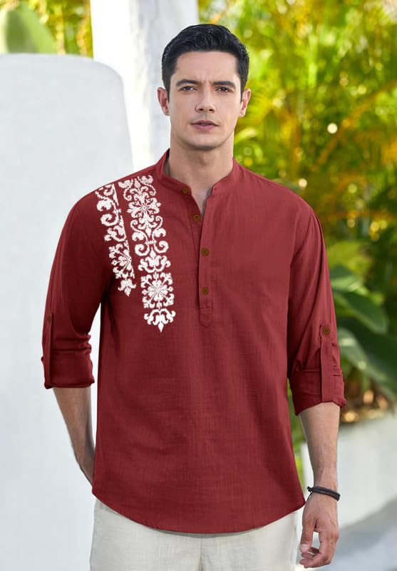 Image of Macsivo Cotton Blend Solid Casual Short Kurta for Men Long Sleeve Mandarin Collar Stylish Shirt Kurta for Men