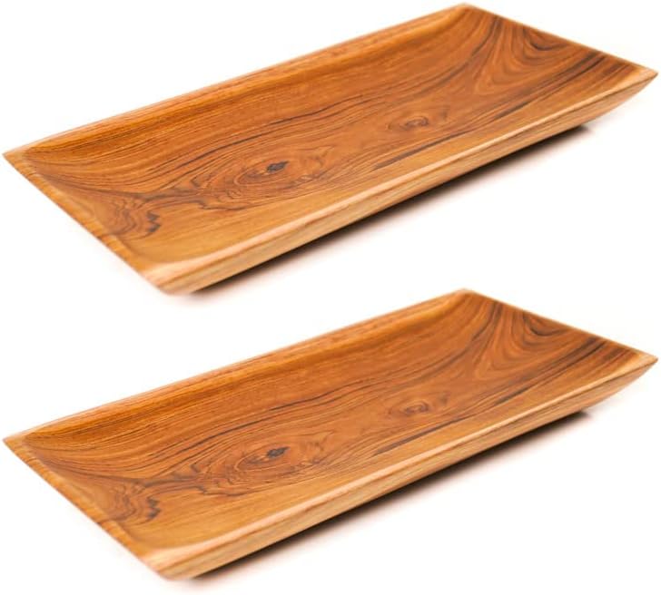 Rainforest Bowls Juego de 2 pequeños platos rectangulares de madera de teca javanesa, 10 x 5 pulgadas, perfectos para el uso diario, aptos para el