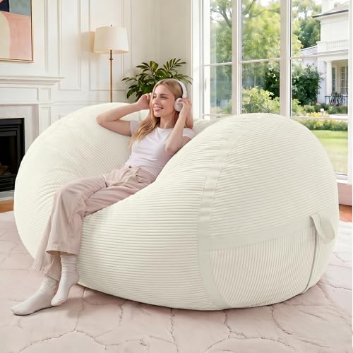 Image of 4FT Bean Bag Chair 4'Big Bean Bag Chairs with Adults, Large Beanbag Chair | Bean bag Lounger with Machine Washable Cover Corduroy Fabric, Comfy Chairs for Living Room Bedroom Dorm, Beige