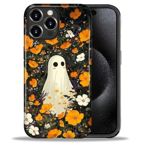 ZHEGAILIAN Case for iPhone 16 Pro,Shockproof Hard Shell + Soft Silicone 2 in 1 Hybrid,Shockproof Bumper Drop Protective - Cute Ghost Wildflowers