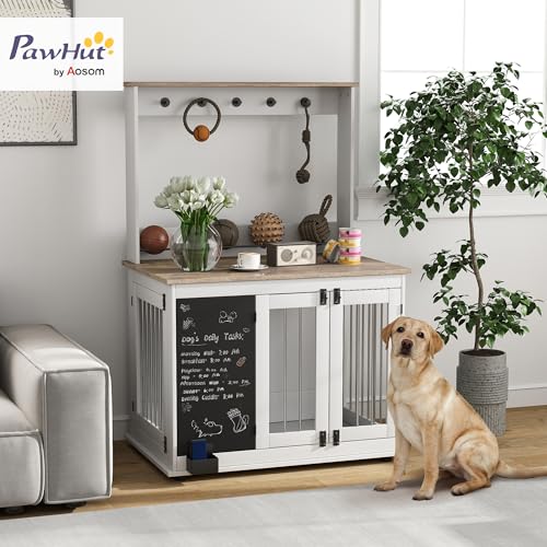 PawHut Hundekäfig für Zuhause, Hundebox mit 3 Türen, Haken, Hundehaus mit Radiergummi, Schreibtafel, Aufbewahrungsregal für Spielzeug, für große Hunde, Weiß