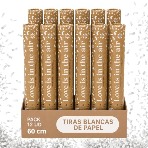Cañón Confeti Boda, Cañón para fiestas y eventos, Fáciles y Seguros de Usar, Apto para bodas, eventos, celebraciones, Uso interior y Exterior, Diseño Tiras Blancas, 60 cm, Pack de 12 unidades