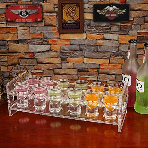 D&Z Shot Glass Holder, 12 Heavy Base Crystal Clear Shot Glasses For Whiskey Vodka Rum Cocktail Tequila, Acrylic Shot Glass Set Stand/Rack/Display/Serving Tray For Bar,Pub,Party [ 1 Oz. Each Glass ] #TOP3