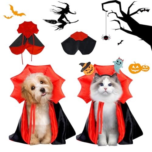 Ropa de Mascota Halloween, Capa de Disfraz de Perro y Gato de Halloween, Capa de Vampiro para Mascotas Disfraces de Halloween con Diademas,Disfraz de Cosplay para Mascotas para Perros y Gatos Pequeños