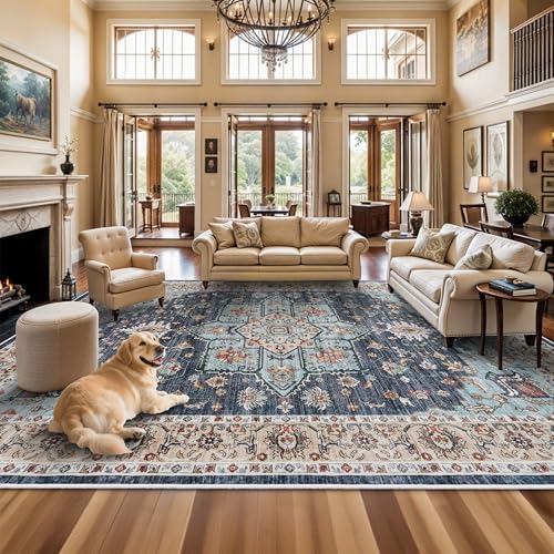 TOPRUUG Washable Oriental Area Rug - 12x18 Rugs for Living Room Soft Carpet for Bedroom Waterproof Floral Distressed Indoor Stain Resistant Non-Shedding Floor Carpets (Blue/Teal/Orange, 12x18)