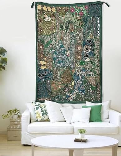 Green Patchwork Tapestry - Drawing Room Wall Tapestry - Heavy Embroidery Wall Tapestry - Indian Vintage Textile Wall Art - Wall Decor Art