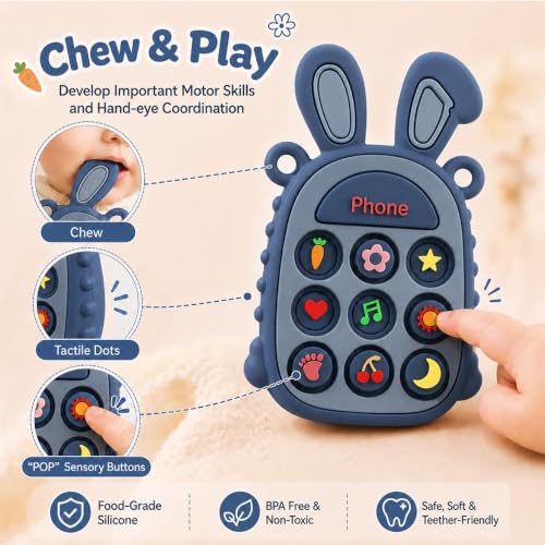 Image of Press Phone Teether for Baby Girls, Soft Silicone Teething Toy, Sensory Toy | Teething Relief, BPA-free, Freezer, for Baby 3 Months+, Cute Rabbit Design with Textures and 9 Patterns, Press & Pop for Fun!
