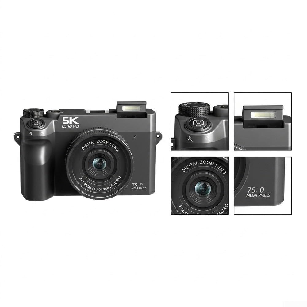 Videocamera HD 5K con schermo a flip, zoom 18x, WiFi, portatile, per adolescenti, studenti, sensore 75 MP, nero (nero 64G)