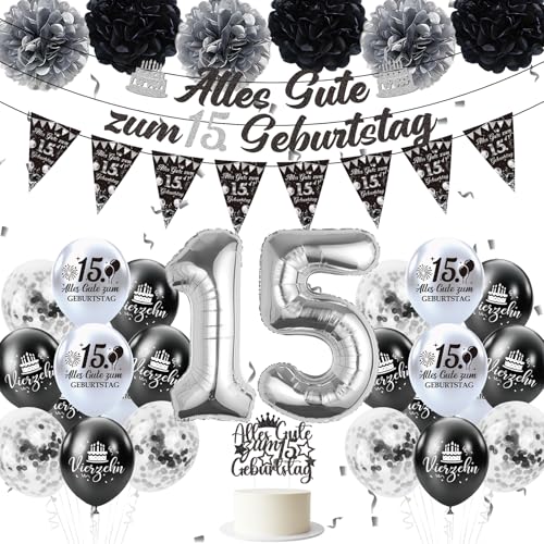 Afritee Deko 15. Geburtstag Junge Mädchen 24 Stück Schwarz Silber Girlande Banner Luftballons Pompons Tortendeko Set Geburtstagdekoration 15. Black and Silver Party Deko