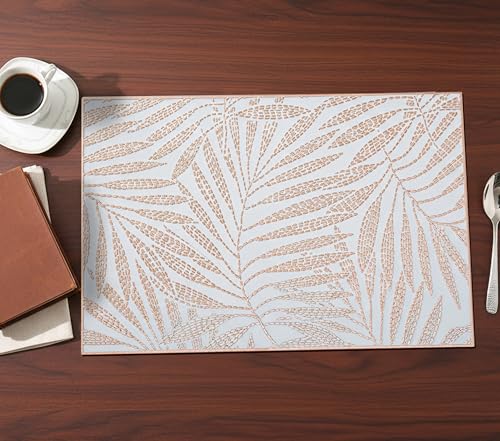 Image of Yellow Weaves 6 Pcs PVC Table Placemats, Dining Table Mat, Stain Resistant, Anti-Skid, Waterproof, Washable, Dining, Kitchen, Restaurant Table Set Easy to Clean, Durable (Fern Leaf Rose Gold)