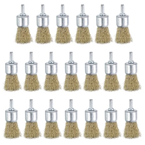 Image of uxcell 20pcs Wire Brush for Drill 1 inch Dia. Abrasive Wire Wheel 1 /4 inch Round Shank Carbon Steel Cup Brush Coarse Crimped Drill Attachment for Cleaning Rust Paint Abrasive