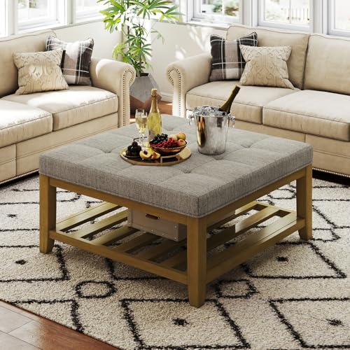 Befurtori Large Square Ottoman Coffee Table, Linen Solid Upholstered Footrest Ottoman with Solid...